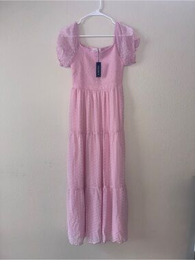 Smocked Swiss Dot Maxi Dress in Pink